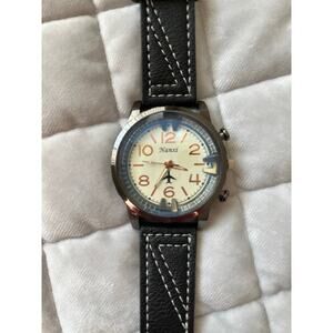 Nanxi Black Leather white top stitch Watch Stainless Steel